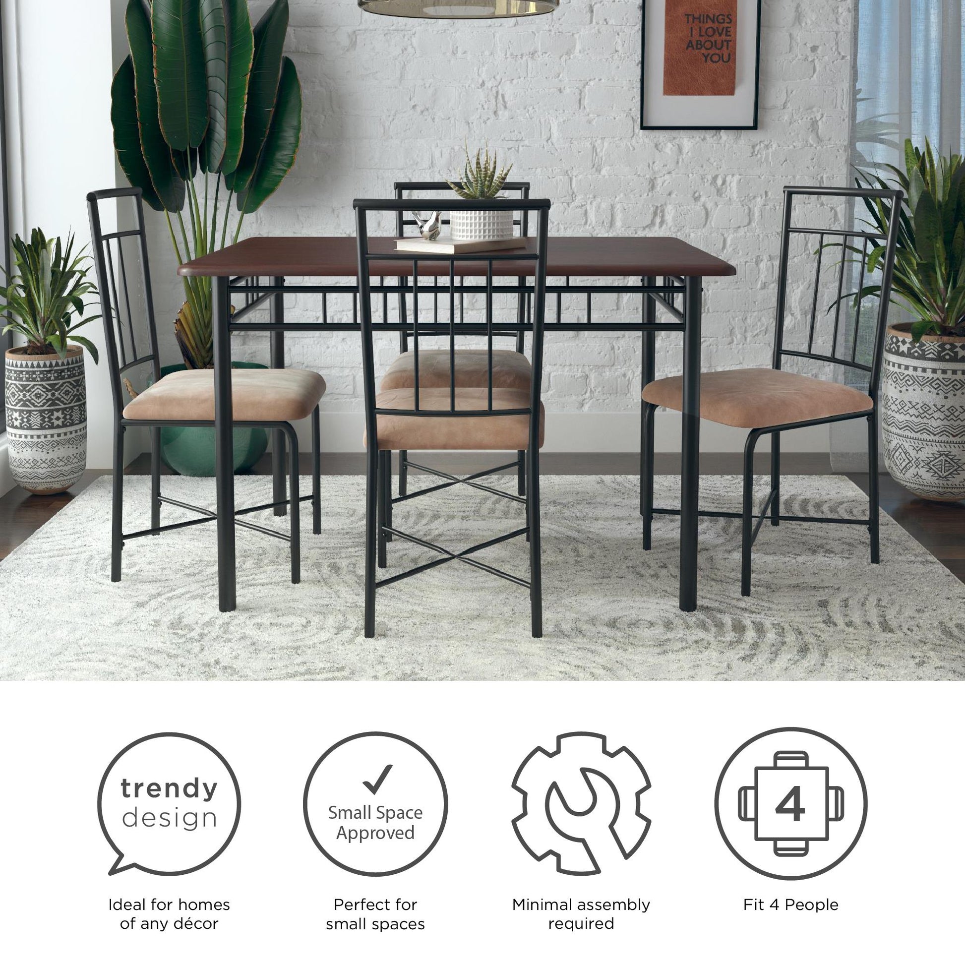 Traditional 5-Piece Wood & Metal Dining Table Set - Dinning Room Table Chairs Furniture